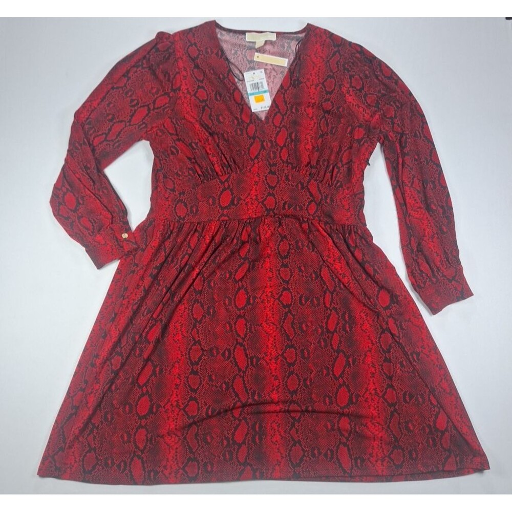 Michael Kors Dress Womens 0X Plus Red Crimson Snakeskin Ruffle V-Neck Mini NWT